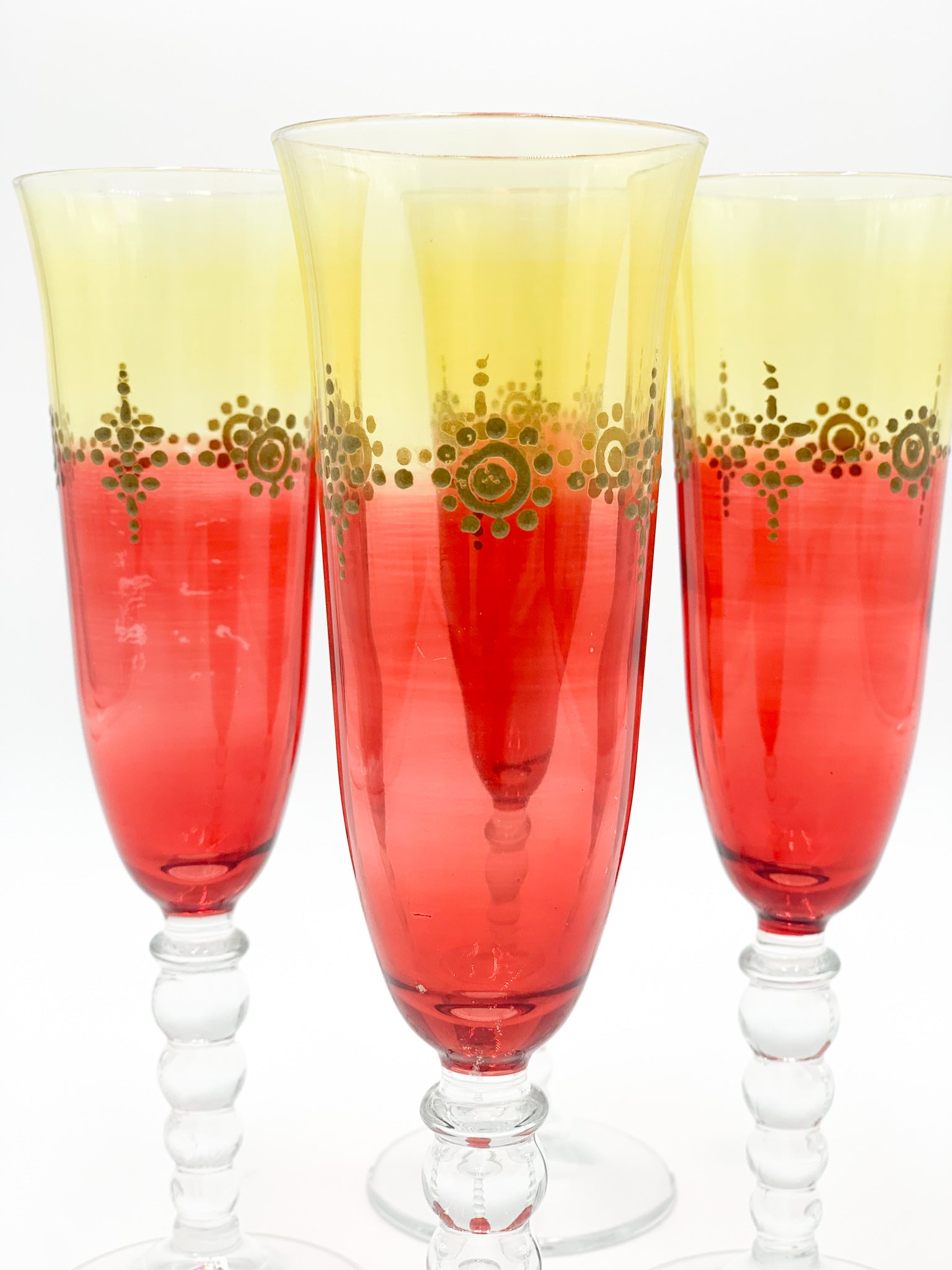 Set da Quattro Calici in Vetro di Murano Gialli e Rossi Anni 40