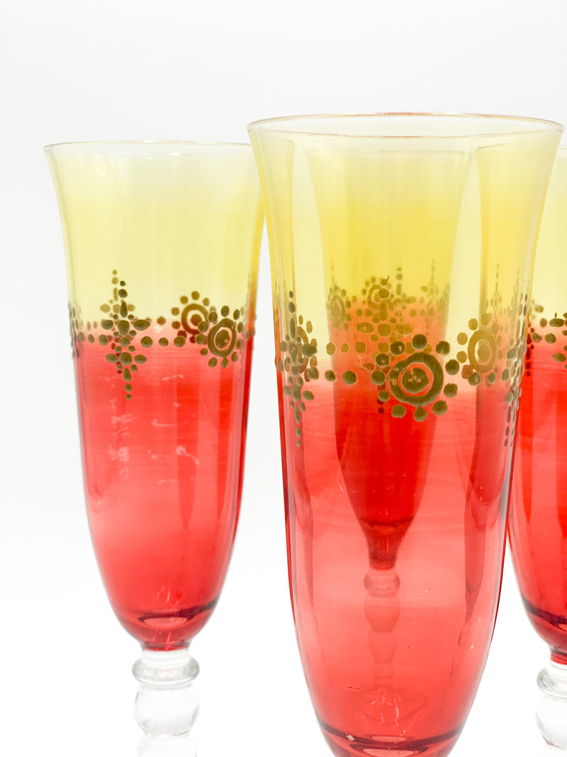 Set of Four Yellow and Red Murano Glass Goblets from the 1940s