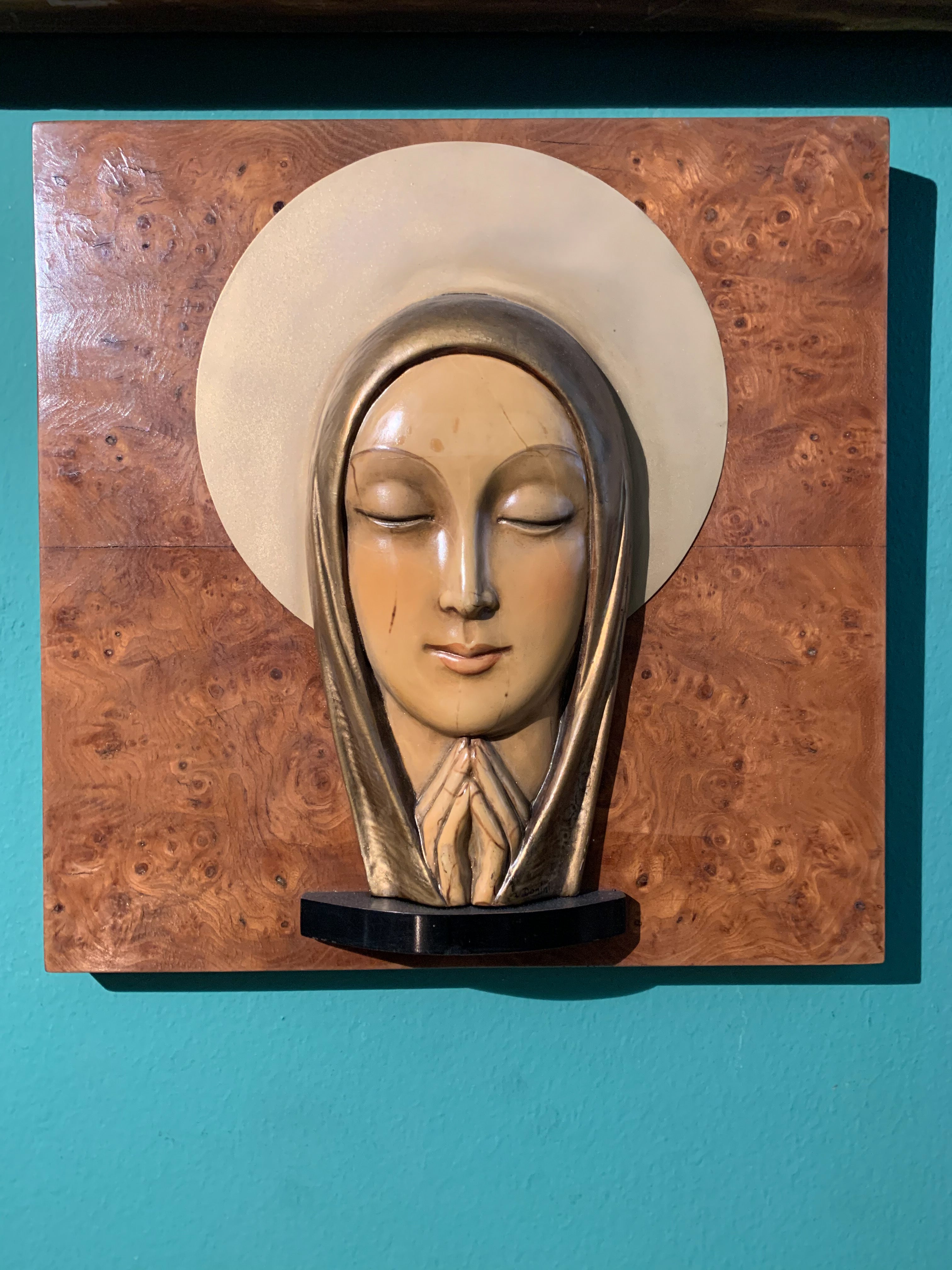 Sculpture of Madonna in Ceramic on Wood from the 1950s