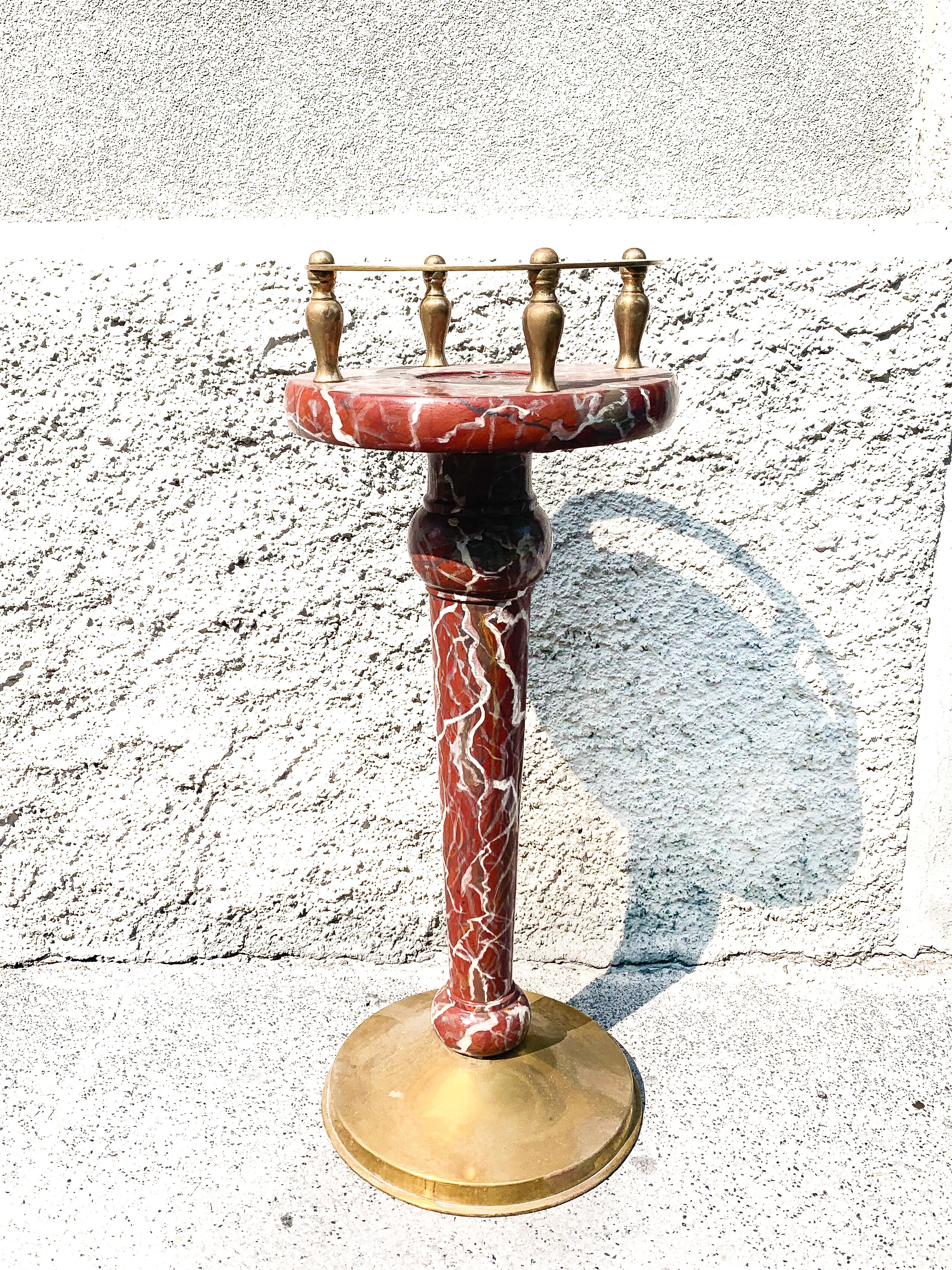 Colonnina in Ceramica Dipinta Simil Marmo Rosa Striato e Ottone Anni 40