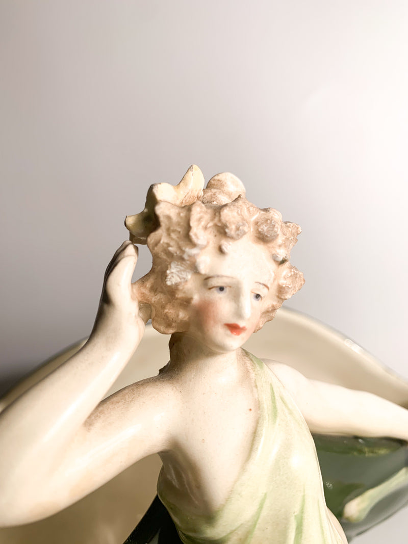 Scultura in Ceramica Francese di Dama Liberty con Portafiori Primi Novecento