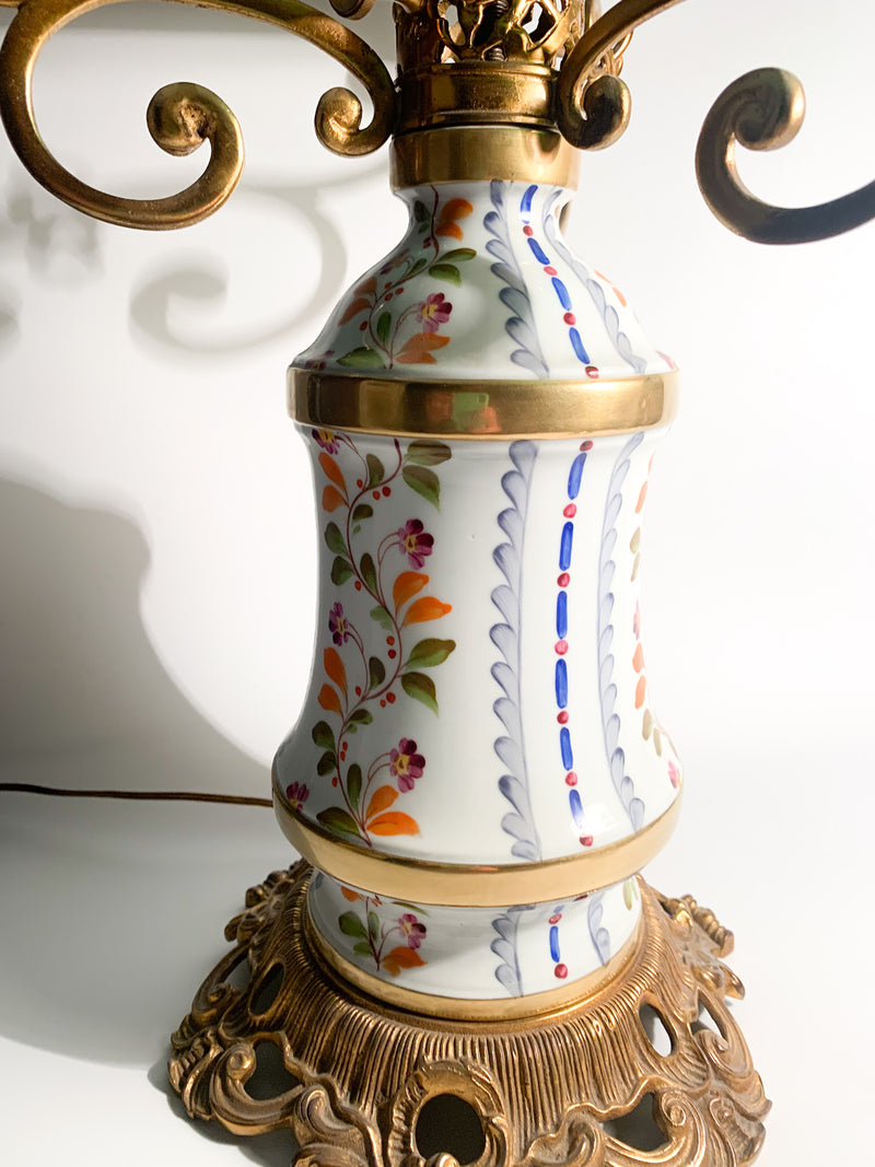 Table Lamp in Hand Painted Sevres Ceramic and Glass Lampshade from the 1940s