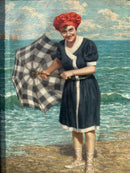 Dipinto Olio su Tela di Ritratto di Donna in Spiaggia di Giovanni Caldana del 1922