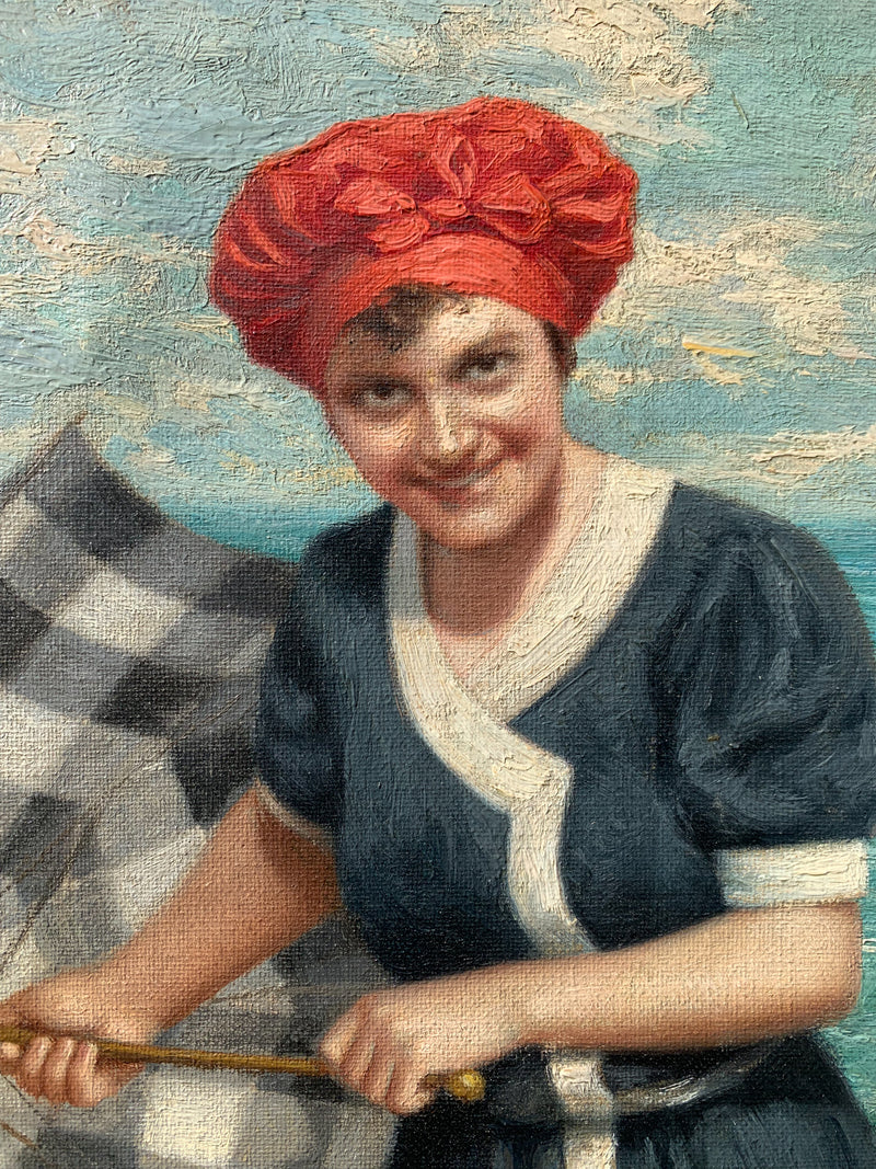 Dipinto Olio su Tela di Ritratto di Donna in Spiaggia di Giovanni Caldana del 1922