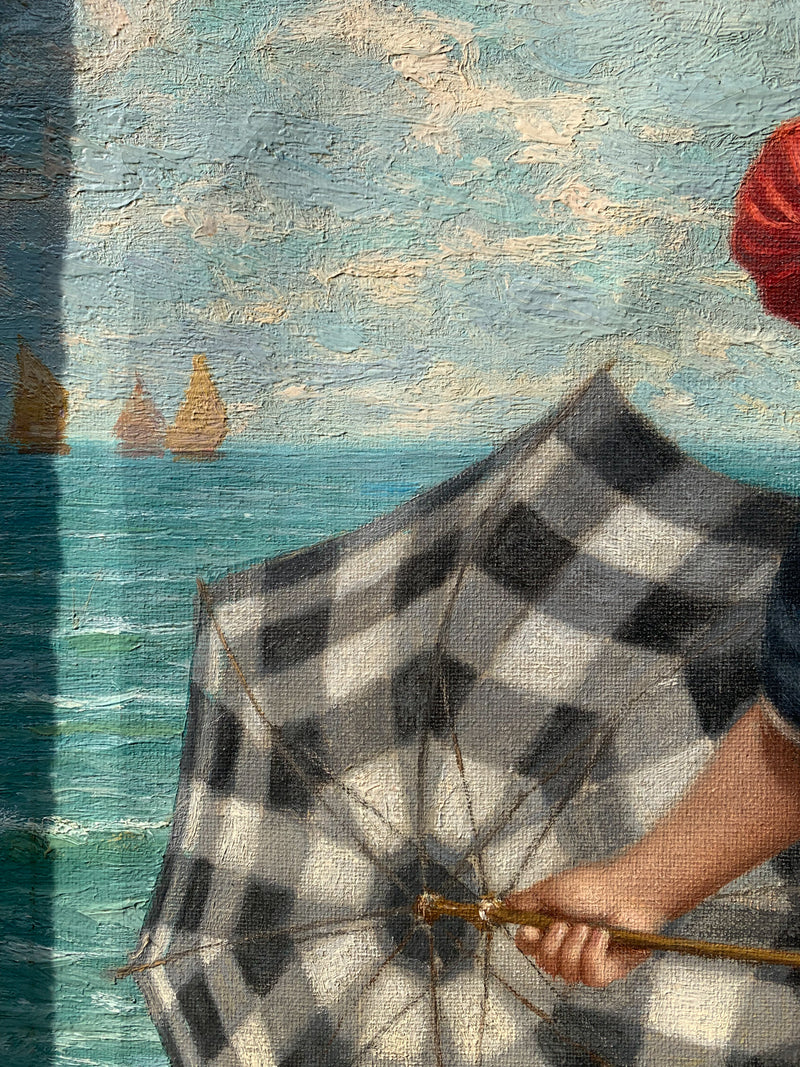 Oil painting on canvas of Portrait of a Woman on the Beach by Giovanni Caldana from 1922