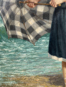 Dipinto Olio su Tela di Ritratto di Donna in Spiaggia di Giovanni Caldana del 1922