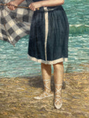 Dipinto Olio su Tela di Ritratto di Donna in Spiaggia di Giovanni Caldana del 1922