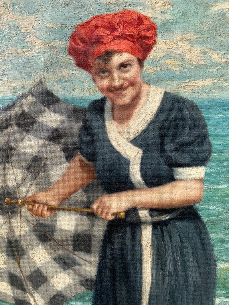 Dipinto Olio su Tela di Ritratto di Donna in Spiaggia di Giovanni Caldana del 1922