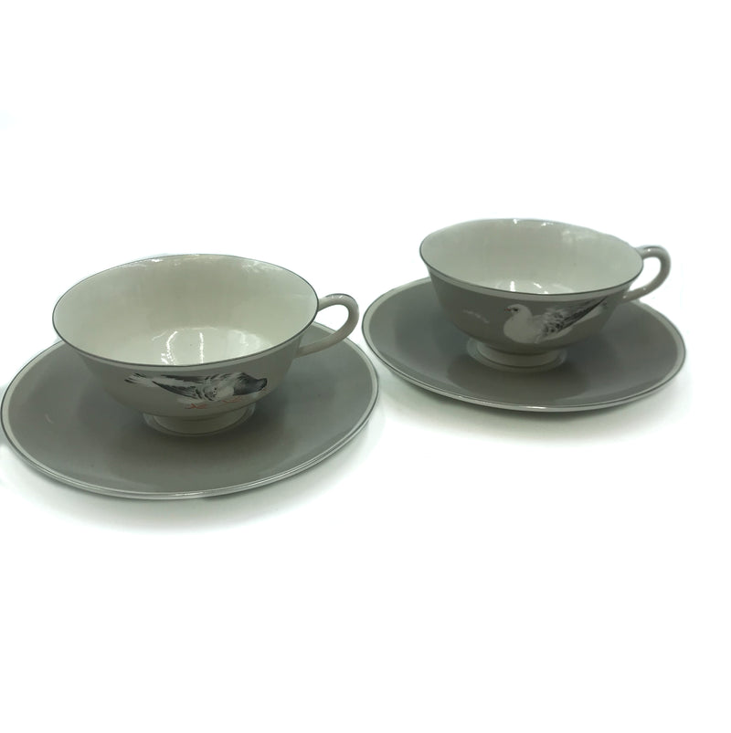 Pair of German Ceramic Cups with Teapot and Milk Jug