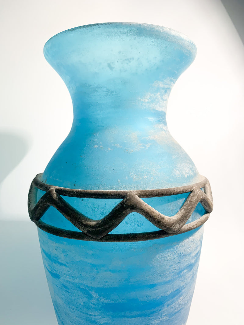 Blue Excavated Murano Glass Vase with Relief Decorations from the 70s