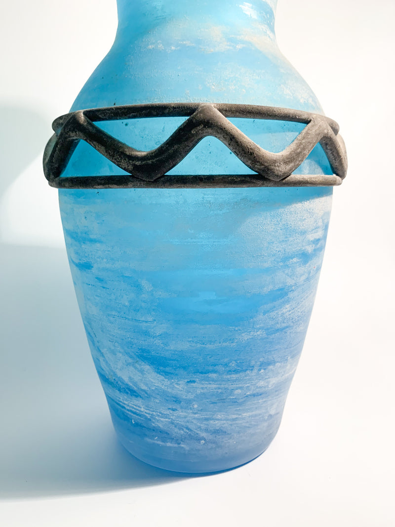 Blue Excavated Murano Glass Vase with Relief Decorations from the 70s