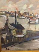 Dipinto Olio su Tela di Paesaggio al Tramonto di Ok Anni 50