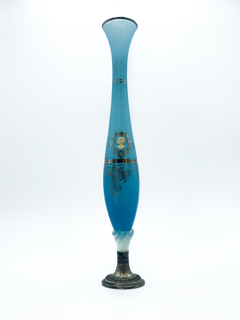 Light Blue Glass Vase with Decorations and Cameo