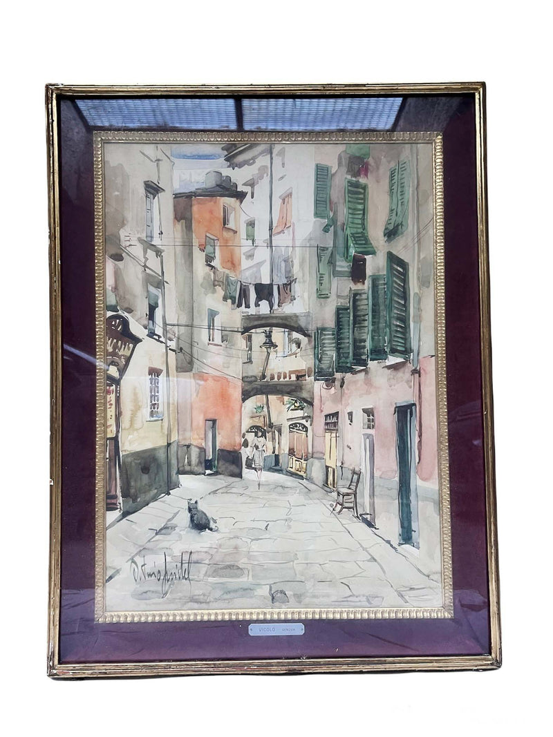 Watercolor painting of Vicolo di Genova by Antonio Pridel 1960s