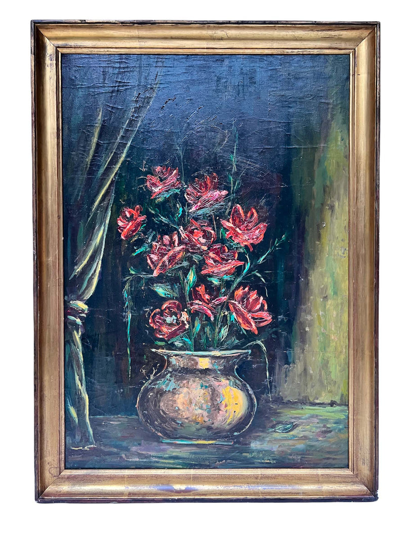 Oil Painting on Canvas of Vase with Red Flowers from the 1950s