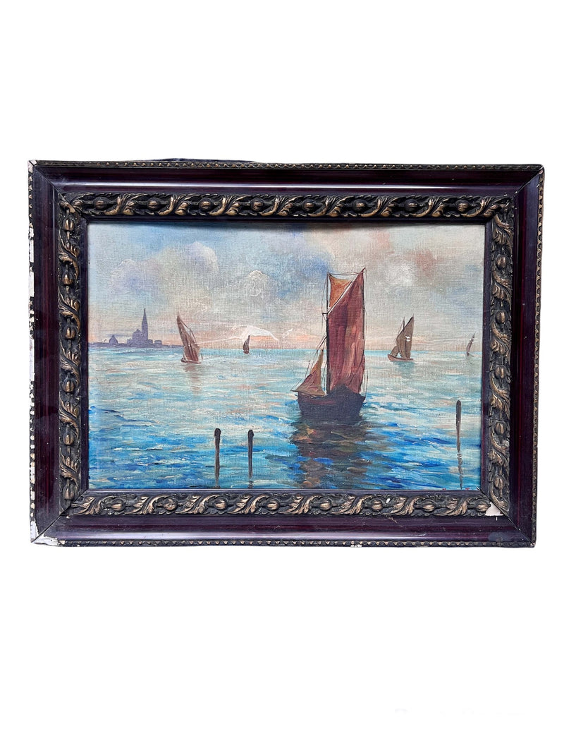 Oil Painting on Plywood of a Marina by T. Morelli 1940s