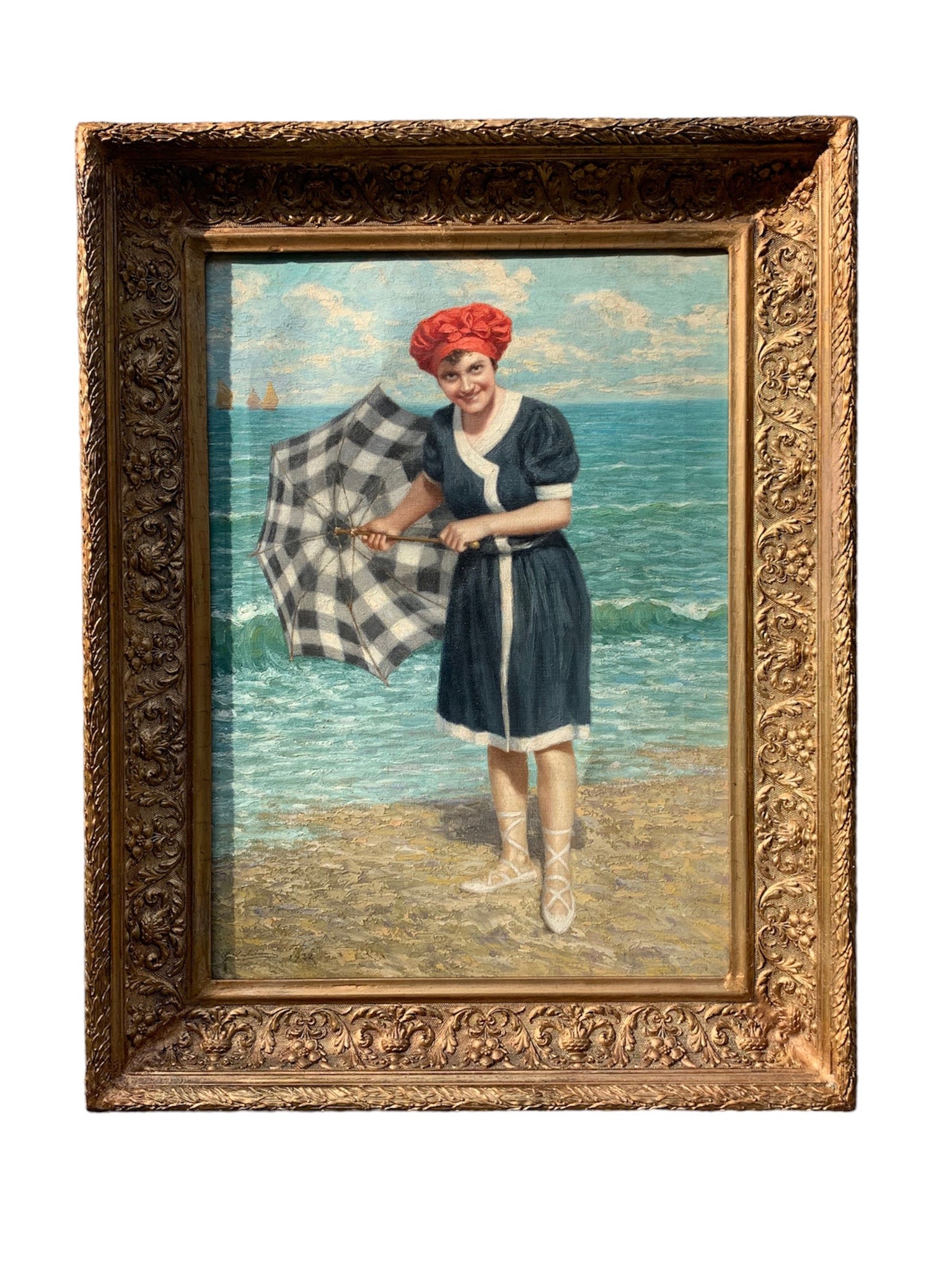 Oil painting on canvas of Portrait of a Woman on the Beach by Giovanni Caldana from 1922
